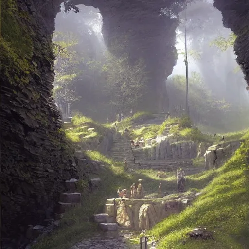 Prompt: an underground cavern, grassy floor rising to a hill in the centre. a small creek bubbles across it, spanned by a footbridge. at the top of the hill is a small stone altar, lit by a single shaft of sunlight, fantasy art by greg rutkowski