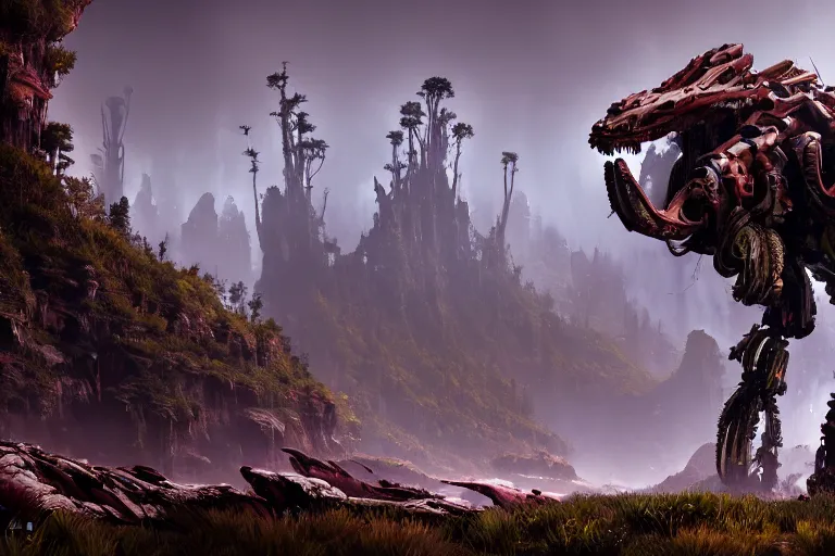 Image similar to wide epic shot from horizon forbidden west. a hyper detailed organic mechanic creatuve realistic similar look as horizon forbidden west horizon zero dawn, bioluminiscence in a dark deep forest at dawn in spring, with reflection and textures, by kilian eng, substance painter reaslitic mech surface metal painted scratches, world env from horizon forbidden west horizon zero dawn