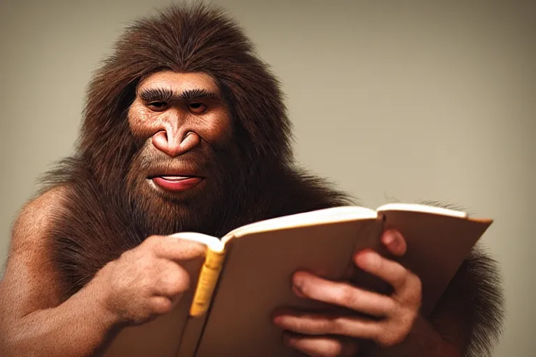 Prompt: neanderthal read science book about him and laughing, because its irrelevant and not accurate, pinterest, perfect dynamic position, extremely realistic and highly details, bokeh, reduce duplication interference