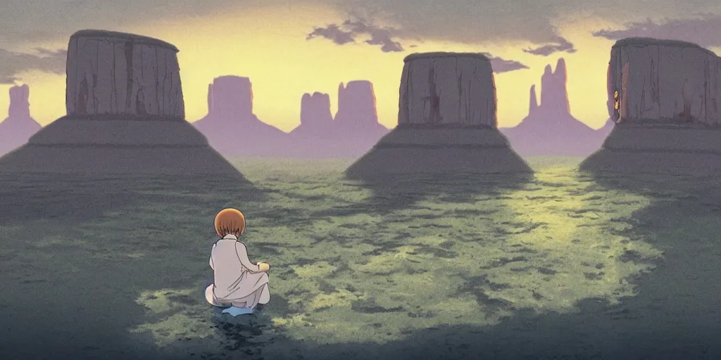 Image similar to a realistic cell - shaded studio ghibli concept art from paprika ( 2 0 0 6 ) of an anthropomorphic dolphin from close encounters of the third kind ( 1 9 7 7 ) in a flooded monument valley stonehenge. a monk in a robe is meditating in the foreground. very dull colors, wide shot, hd, 4 k, hq