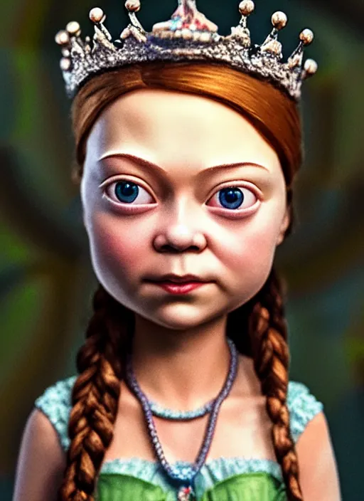 Image similar to highly detailed closeup, face profile portrait of greta thunberg as a tin toy fairytale princess wearing a crown eating cakes, bikini, unreal engine, nicoletta ceccoli, mark ryden, earl norem, lostfish, global illumination, detailed and intricate environment