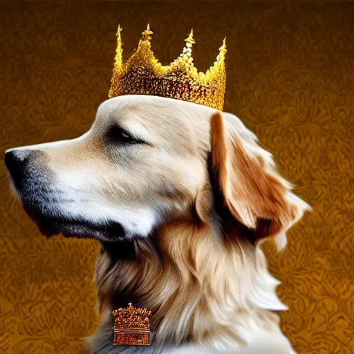 Prompt: Photomanipulation of golden retriver is dressed as a king, Royal standing, ultrarealism, photorealism, detailed, crown and gown