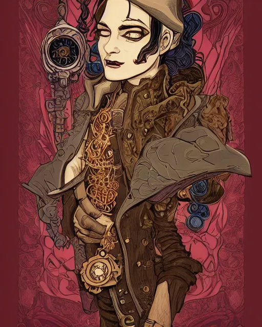 Image similar to a detailed portrait illustration of a steampunk wizard. art nouveau, pop art, comic book style. influenced by neil gaiman, h. p. lovecraft, ross tran, brian froud, osborne macharia, killian eng.