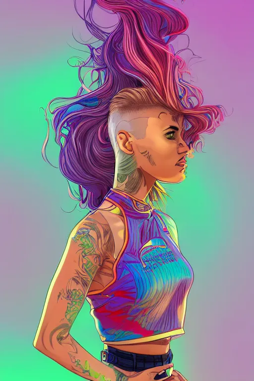 Image similar to a award winning half body portrait of a beautiful woman with stunning eyes in a printed croptop and cargo pants with rainbow colored ombre hairstyle head in motion and hair flying by josan gonzales, outrun, vaporware, shaded flat illustration, digital art, trending on artstation, highly detailed, fine detail, intricate