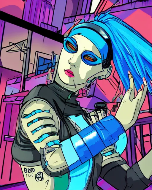 Image similar to cel shaded art of a pretty blue haired girl, jet grind radio graphics, cyberpunk city street background