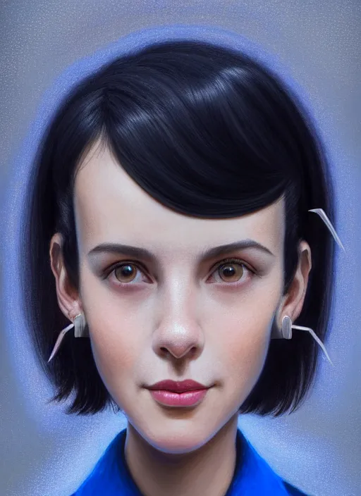 Prompt: portrait of high school girl, realistic, black hair, bangs, half updo hairstyle, pointy nose, skinny, smile, ugly, defined jawline, big chin, blue hair bow, earrings, intricate, elegant, glowing lights, highly detailed, digital painting, artstation, sharp focus, illustration, art by wlop, mars ravelo and greg rutkowski