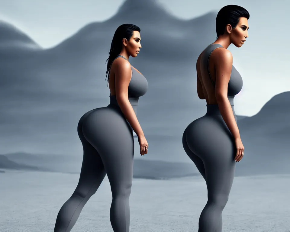 Image similar to kim kardashian, centered full body rear-shot, pov from rear, in skintight grey sportswear, real photo, photoshooting, studio light, Irish mountains background, intricate, epic lighting, cinematic composition, hyper realistic, 8k resolution, unreal engine 5