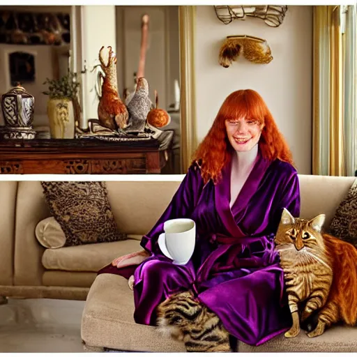 Prompt: a stunning hyper-detailed photo of one slender beautiful smiling woman with long ginger hair and bangs, wearing a luxurious silk robe, wearing headphones and posing with her large ginger tabby cat and her raccoon and parrots in an overstuffed easy chair in her sunlit victorian living room, holding a porcelain parrot-shaped coffee mug and a donut, perfect eyes, fashion photography, cinematic lighting, octane render, IBEX Masters, unreal engine, 85 mm lens