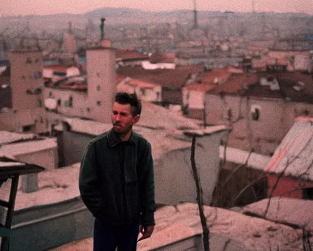 Image similar to lomo photo of man standing on the roof of soviet hrushevka, small town, cinestill, bokeh, out of focus