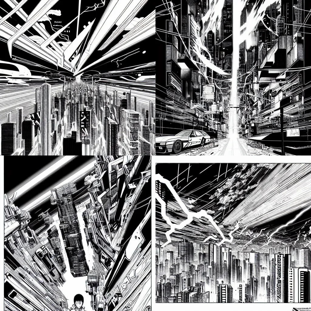 Prompt: thunders in the sky in a future city, outrun style and black and white, trending on arstation, by nihei tsutomu