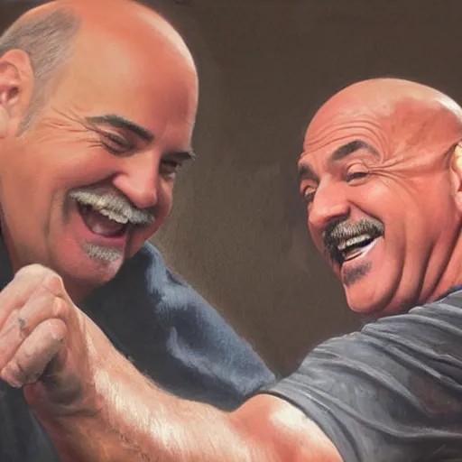 Image similar to highly detailed oil painting, concept art, dr phil laughing while kicking a sitting kid in the face, concept art, highly detailed