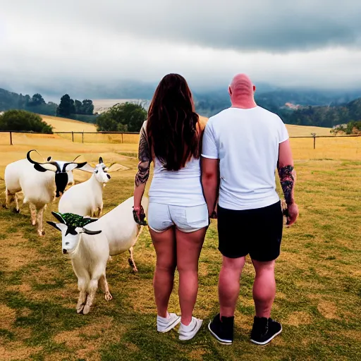 Image similar to portrait of a young chunky bald white male tattoos and his young white female brown hair wife with tattoos. male is wearing a white t - shirt, tan shorts, white long socks. female is has long brown hair and a lot of tattoos. photo taken from behind them overlooking the field with a goat pen. rolling hills in the background of california and a partly cloudy sky