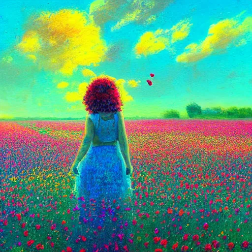 Prompt: large flower face, girl standing in a flower field, surreal photography, sunrise dramatic light, impressionist painting, colorful clouds, digital painting, pointillism, artstation, simon stalenhag