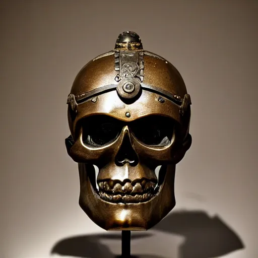 Prompt: skull with a ancient japanese samurai helmet, old bronze statue, intricate detail, full shot, museum lighting, ultra detailed,