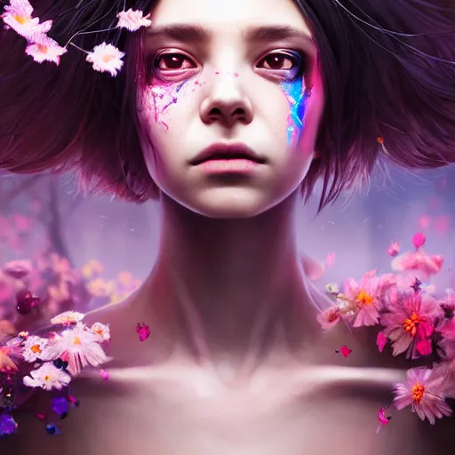 Prompt: beautiful girl necromancer, witch - doctor exploding into flowers by wlop, hyper - realistic detailed portrait by ilya kuvshinov, rtx reflections, octane 1 2 8 k, extreme high intricate details, digital abstract art by ross tran, medium shot, close up shot, composition by sana takeda, lighting by greg rutkowski