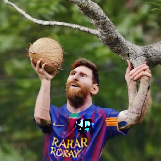 Image similar to Leo Messi kicks a coconut up the tree