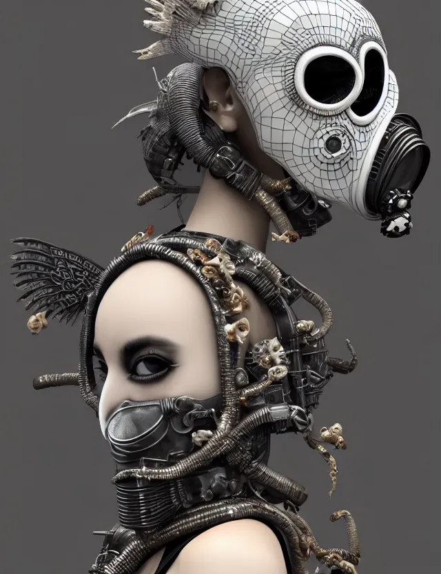 Image similar to 3 d goddess close - up profile punk portrait with vintage gas mask ram skull. beautiful intricately detailed japanese crow kitsune mask and clasical japanese kimono. betta fish, jellyfish phoenix, bio luminescent, plasma, ice, water, wind, creature, artwork by tooth wu and wlop and beeple and greg rutkowski