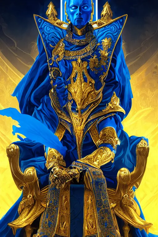 Prompt: Half-length portrait of the azur emperor sitting on its throne. Blue clothing, gold heavy armor. Dramatic, bloom, shadows. High fantasy, digital art, HD, 4k, detailed, illustration.