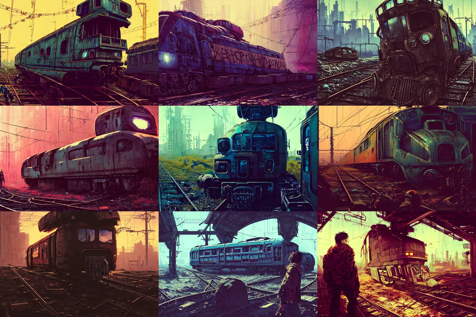 Prompt: hyper - realistic cyberpunk portrait of abandoned passenger train and graveyard, extreme detail, rule of thirds, golden hour, in style of col price, yoji shinkawa, pan ren wei, atey ghailan, by greg rutkowski, by greg tocchini, by james gilleard, by joe fenton, by kaethe butcher, grunge aesthetic