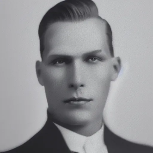 Image similar to A photograph portrait of Jerma985 with slicked back hair in the early 1920s, taken in the early 1920s, grainy, taken on a early 1900s Leica Camera, realistic, hyperrealistic, very realistic, highly detailed, very detailed, extremely detailed, detailed, digital art, trending on artstation