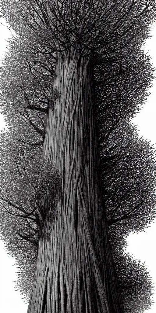 Prompt: an impossibly tall pompom tree with an extremely long trunk and branches looming miles above the viewer, viewed from below, digital illustration by chris van allsburg and artgerm, surreal, photorealistic