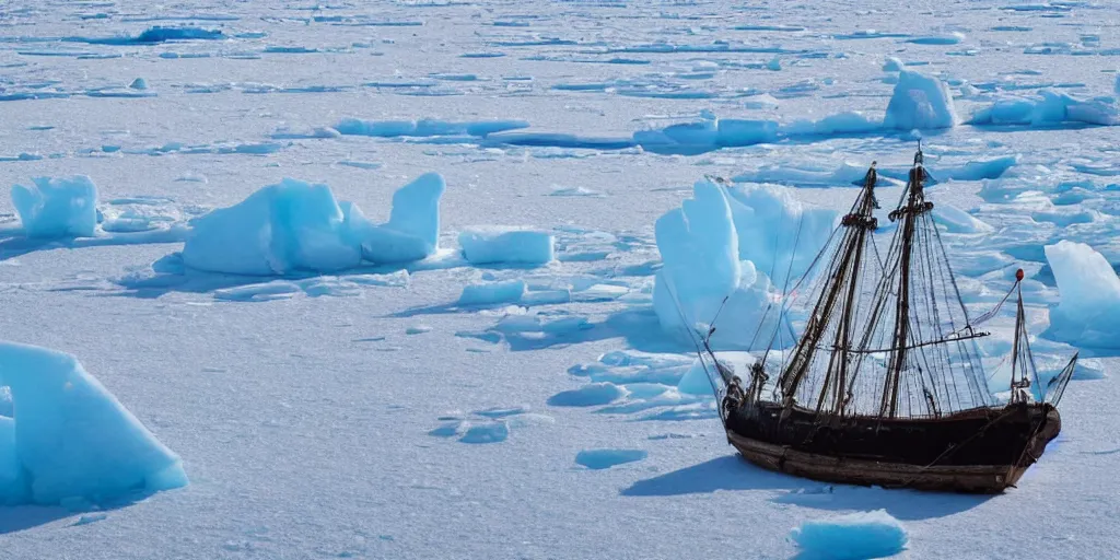 Prompt: 1840s sailship stuck in sea ice, wide angle shot, HD, frozen sea, ice seracs