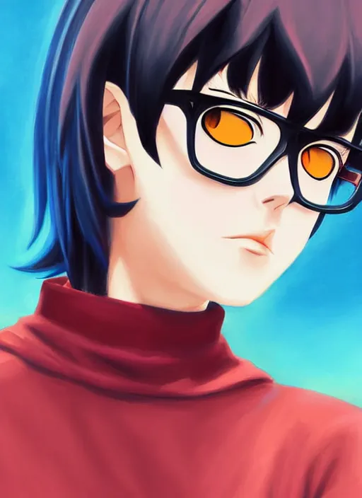 Image similar to Painting of Velma Dinkley, anime style, winged eyelashes, urban, calm, fantasy character portrait, dark outlines, dynamic pose, above view, sunny day, artwork by Makoto Shinkai, very coherent asymmetrical artwork, sharp edges, perfect face, simple form, 100mm