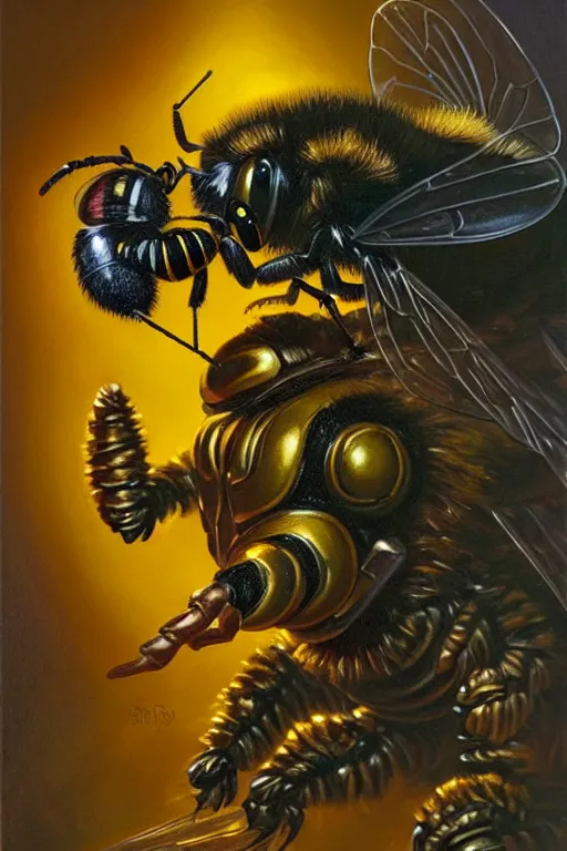 Prompt: classic oil painting, a giant bumble bee, as a dnd character, inside a cluttered bedroom, cottagecore, highly detailed, insect wings, digital illustration, concept art, smooth, sharp focus, art by tim hildebrandt, and greg hildebrandt