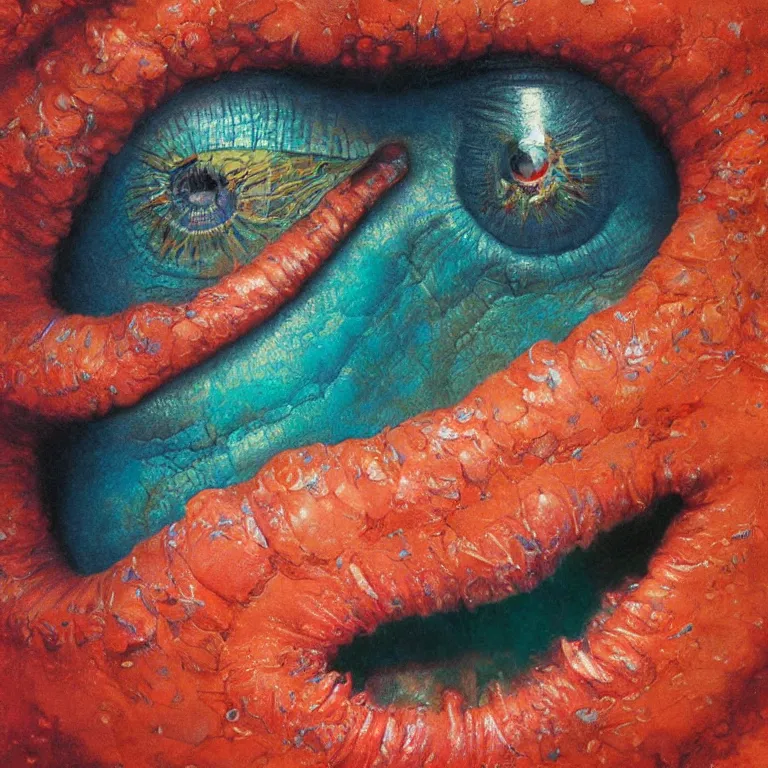 Image similar to Hyperrealistic intensely colored close up studio Photograph portrait of a deep sea bioluminescent Ted Cruz, symmetrical face realistic proportions eye contact golden eyes, Smiling in a coral reef underwater, award-winning portrait oil painting by Norman Rockwell and Zdzisław Beksiński vivid colors high contrast hyperrealism 8k