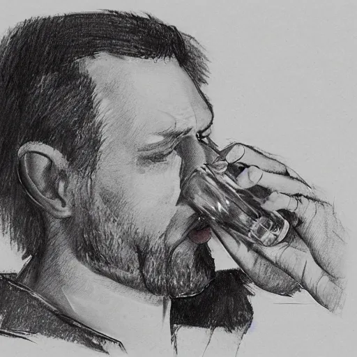 Prompt: sketch of a russian man drinking vodka bottle, detailed