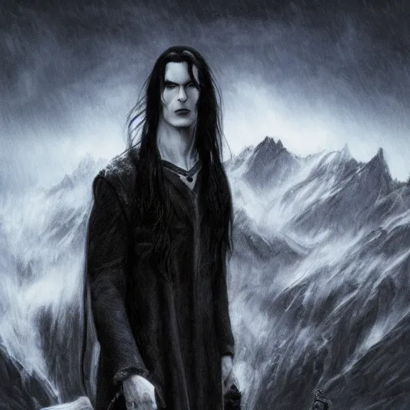 Image similar to long black hair handsome vampire lord, snowy mountains, illustration, concept art, chiaroscuro, field of depth, fantasy, grim, dark