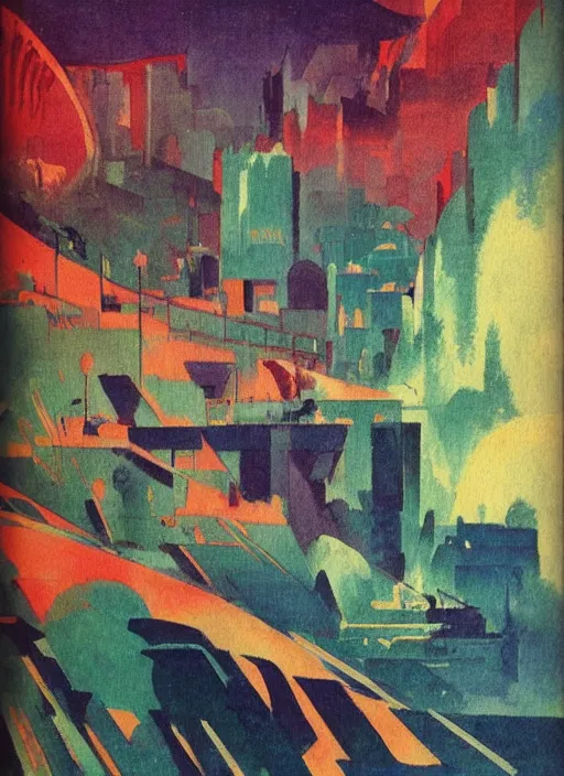 Prompt: vintage anime cinematic lush underwater glowing city on the edge of a steep cliff by Sonia Delaunay and Ivan Aivazovsky, muted tones, watercolor concept art by Syd Mead, by william herbert dunton, watercolor strokes, japanese woodblock, by Jean Giraud