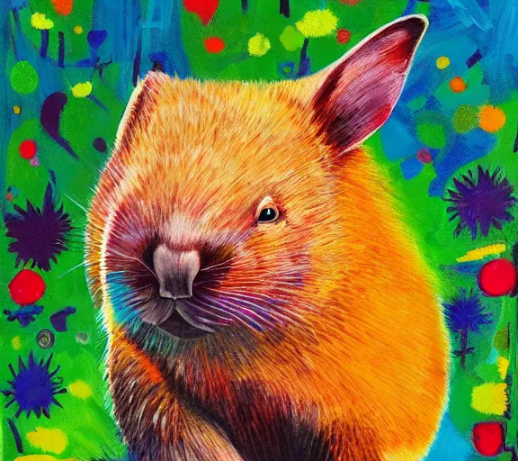 Image similar to a bright colourful painting of a wombat relaxing