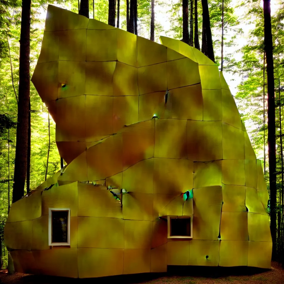 Image similar to a tiny tiny house with big tiles, from far away, in a forest, designed by frank gehry. film grain, cinematic, yellow hue