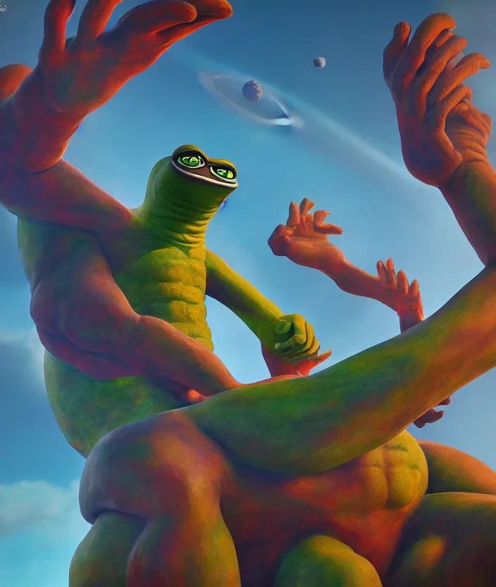 Prompt: giant pepe anunnaki statue, full body, planets, sky, dream, highly detailed, digital painting, refreshing, trending on artstation, octane render, illustration by james jean