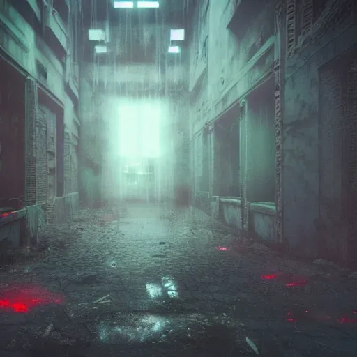 Image similar to silent hill foggy synthwave town ruins neon red and blue shadows dark scary giant evil scary red pyramid head covered in glowing runes lens flares shadow distortion cyberpunk splatterpunk 8 0 s nightmare