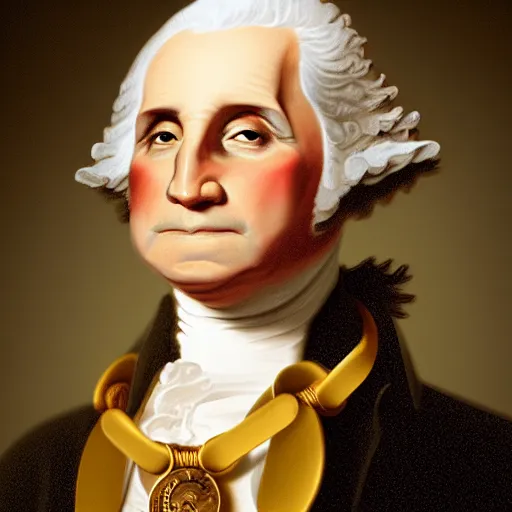 Image similar to a closeup photorealistic illustration of a happy George Washington holding wearing a chain around his neck with a small gold Doubloon coin as a necklace. This 4K HD image is Trending on Artstation, featured on Behance, well-rendered, extra crisp, features intricate detail and the style of Unreal Engine.