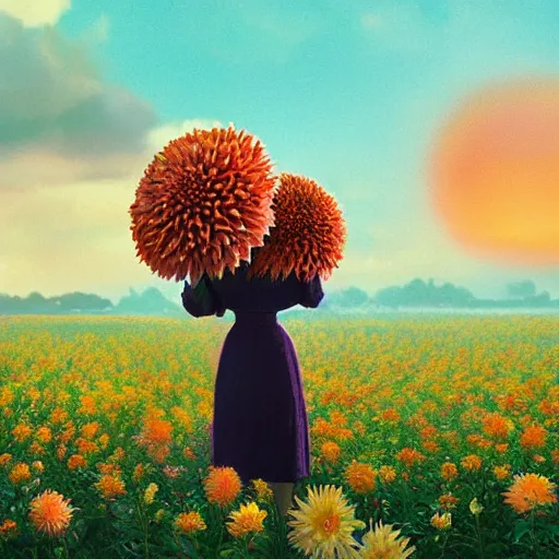 Image similar to giant dahlia flower head, full body girl standing in a flower field, surreal photography, sunrise, dramatic light, impressionist painting, colorful clouds, digital painting, artstation, simon stalenhag