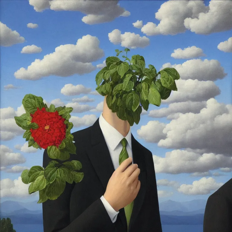 Image similar to portrait of a faceless beautiful flower - head man in a suit, clouds in the background, by rene magritte, detailed painting, distance, middle centered, hd, hq, high resolution, high detail, 4 k, 8 k