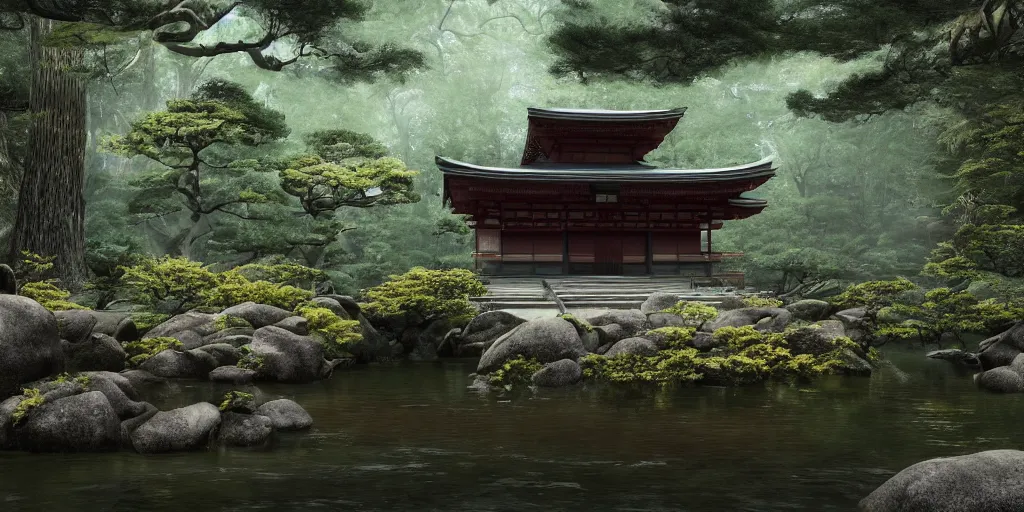 Image similar to a ancient japanese temple in the middle of a forest mear a small river, extremely highly detailed, high quality, 8K HDR, octane render, unreal engine 5, hyperrealistic, concept art, trending on Artstation, dramatic lighting, cinematic, high coherence, path tracing, ruins, clouds in the sky