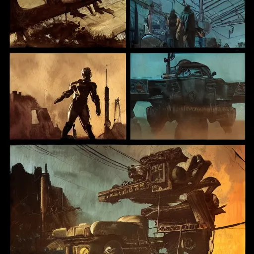 Image similar to fallout 5, concept art drawings of the opening scene, storyboard, concept art, comic style, female protagonist and armoured feline companion, atmospheric lighting, painted, intricate, volumetric lighting, beautiful, gritty, rich deep colours masterpiece, sharp focus, ultra detailed by jack kirby, ignacio fernandez rios, thierry doizon