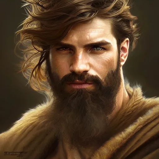 Image similar to Portrait of rugged male ranger, D&D, amber eyes, face, long hair, muscular, fantasy, intricate, elegant, highly detailed, digital painting, artstation, concept art, smooth, sharp focus, illustration, art by artgerm and greg rutkowski and alphonse mucha