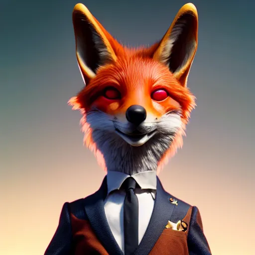 Image similar to weta disney pixar movie still macro close photo of anthropomorphic vulpes vulpes fulva wearing a suit : : by weta, greg rutkowski, wlop, ilya kuvshinov, rossdraws, artgerm, octane render, iridescent, bright morning, anime, liosh, mucha : :