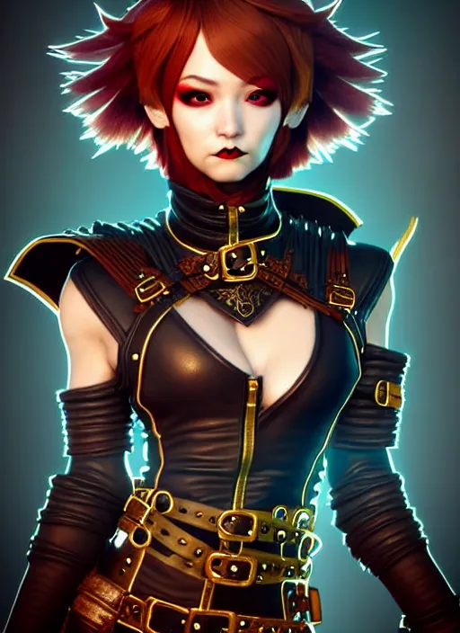 Image similar to rogue, fantasy ornate leather bandit outfit!!! close - up portrait beautiful and athletic short hair female!! gorgeous face and eyes!! character concept art, sharp focus, octane render! unreal engine 5! highly rendered!! trending on artstation!! detailed linework!! illustration by artgerm, wlop, and chie yoshii