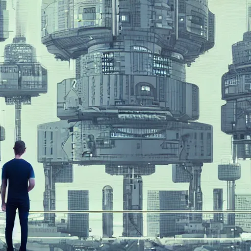 Image similar to mark zuckerberg in a tall tower looking out at a cybernetic landscape filled with robots browsing facebook on their phones