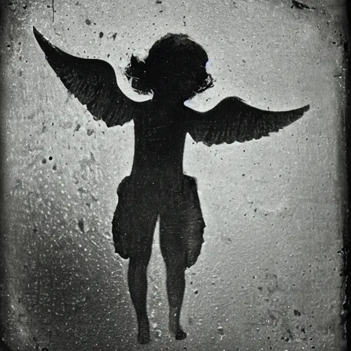 Image similar to closeup wet plate photograph of an angel dancing on the head of a pin, daguerreotype, collodion photography, studio lights, eye catching, exaggerated texture