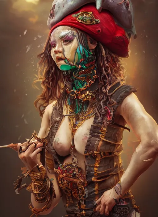 Prompt: realistic full body concept art illustration oil painting of a beautiful woman pirate in insanely detailed and intricately colored clothing, octane render, sss, postprocessing, 4k, cinematic lighting