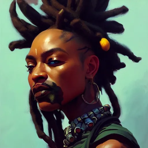 Image similar to Greg Manchess portrait painting of an afropunk villian character with facial tattoo, dreads, heavy build, medium shot, asymmetrical, profile picture, Organic Painting, sunset dark dramatic day, matte painting, bold shapes, high contrast, hard edges, street art, trending on artstation, by Huang Guangjian and Gil Elvgren and Sachin Teng
