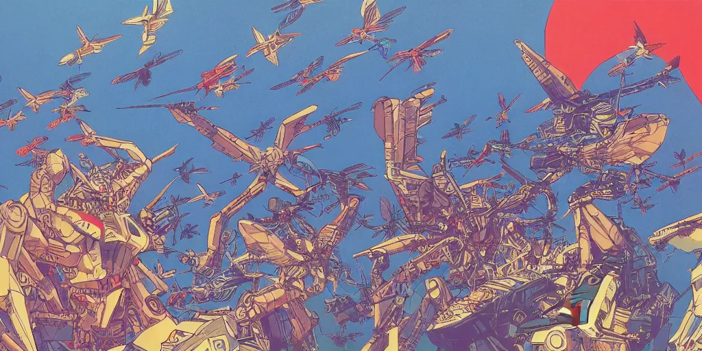 Image similar to gigantic mecha arzach birds with dragonflies, tiny rats, a lot of exotic animals around, big human faces everywhere, helicopters and tremendous birds, risograph drawing by satoshi kon and moebius, matte summer blue colors, surreal psychedelic design, 4 k