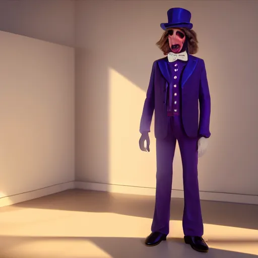 Prompt: still photo of willy wonka, bright studio setting, studio lighting, crisp quality and light reflections, unreal engine 5 quality render